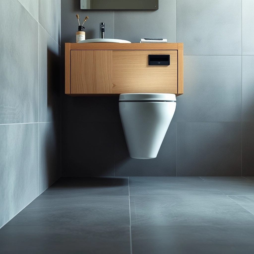 A modern small bathroom using a floating vanity and wall-mounted toilet to implement spatial Half Bathroom Ideas.