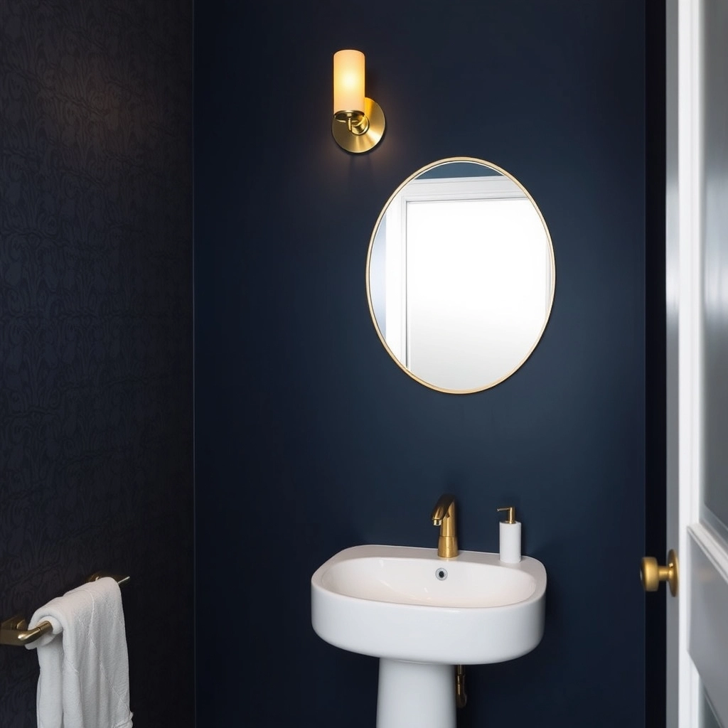 A bold navy blue wall with gold hardware, a prime example of modern Half Bathroom Ideas.