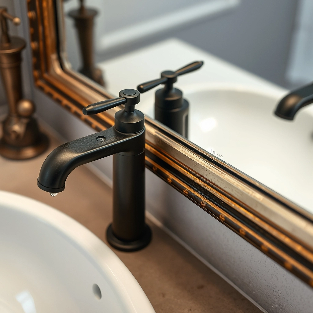 A budget-friendly renovation featuring a matte black faucet and a vintage framed mirror for creative Half Bathroom Ideas.
