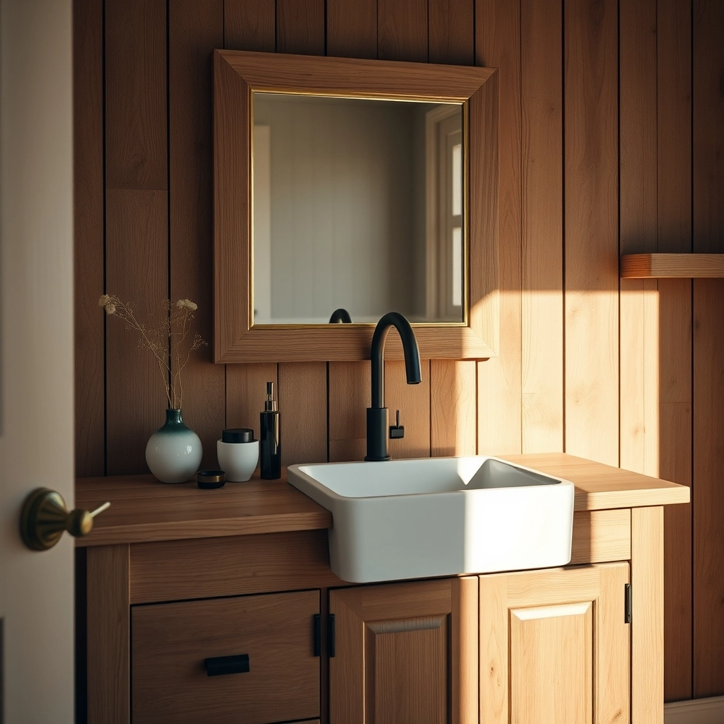 A rustic farmhouse style bathroom featuring a reclaimed oak vanity and fireclay sink, showcasing authentic Half Bathroom Ideas.