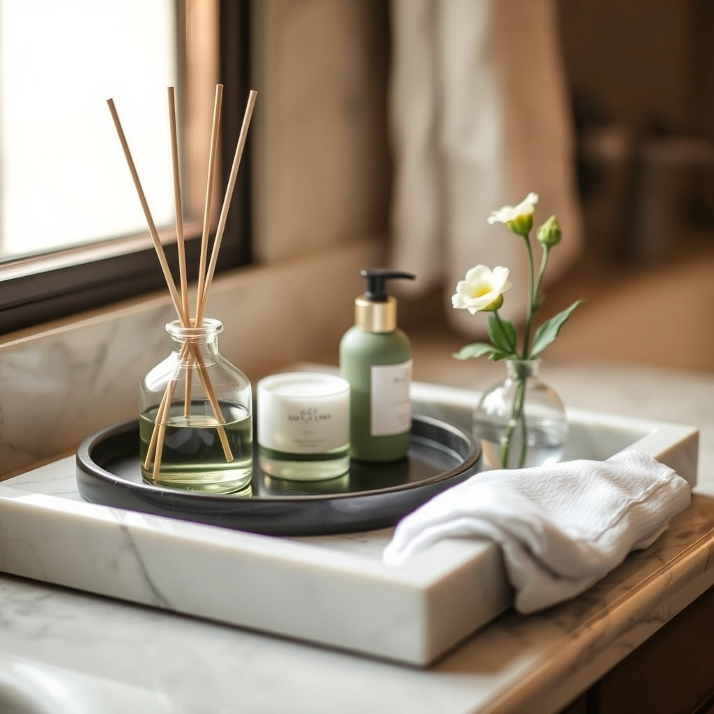 A curated tray of guest amenities and soft lighting as part of welcoming Half Bathroom Ideas.