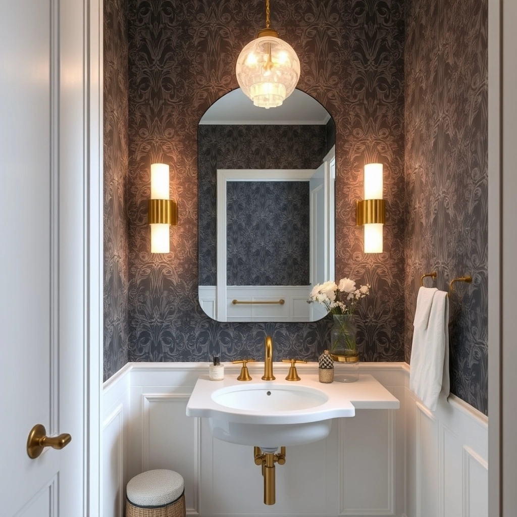 A fully renovated and styled small powder room demonstrating a variety of Half Bathroom Ideas.