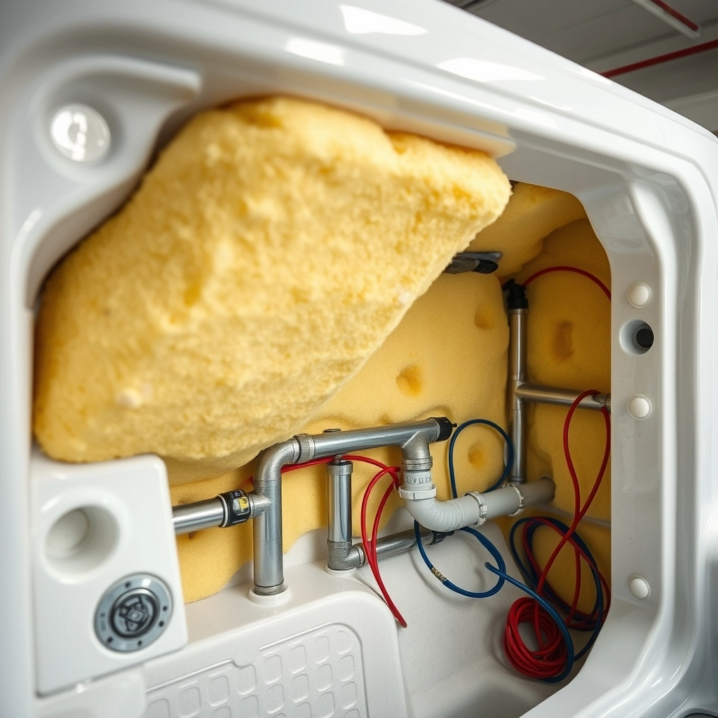 A close-up view of the interior of a hot tub cabinet showing thick spray foam insulation and plumbing.