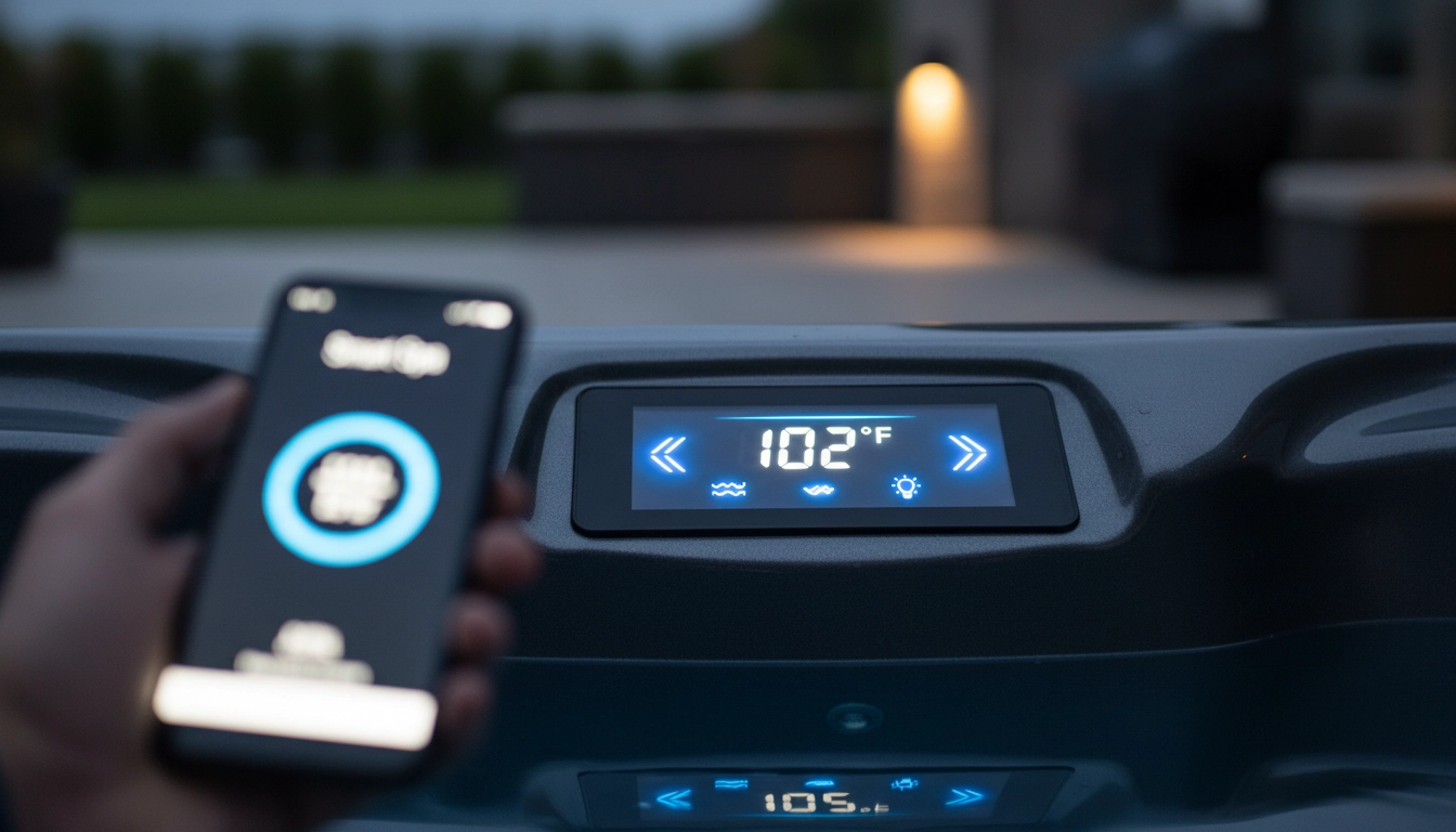 A person using a smartphone app to adjust the temperature of a modern hot tub with a digital touchscreen.