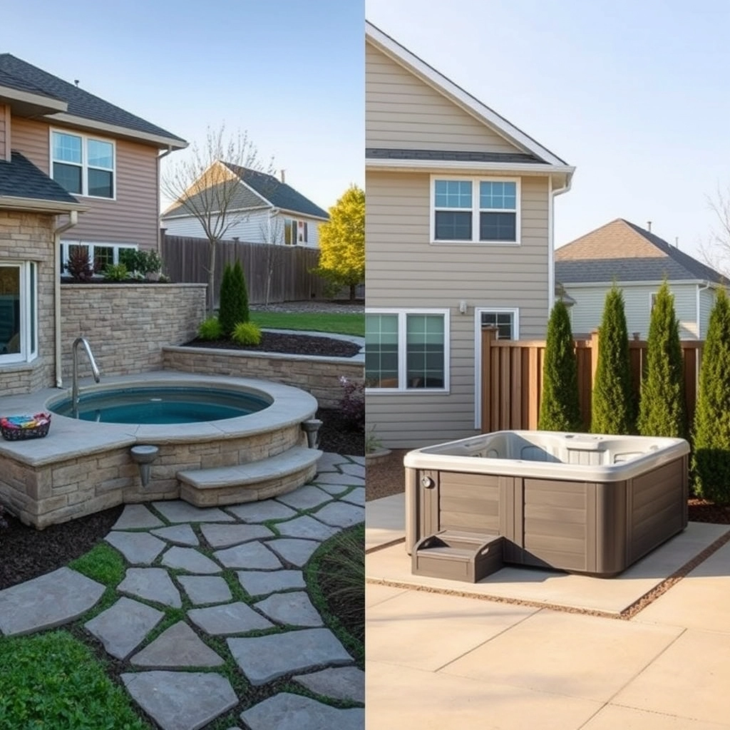 A split-screen style image showing a luxury in-ground stone hot tub versus a standard portable acrylic hot tub.