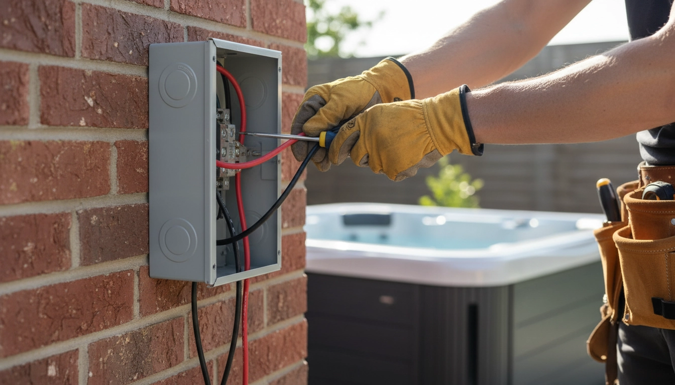 A licensed electrician installing a 240V grey metal spa disconnect box on an exterior house wall.
