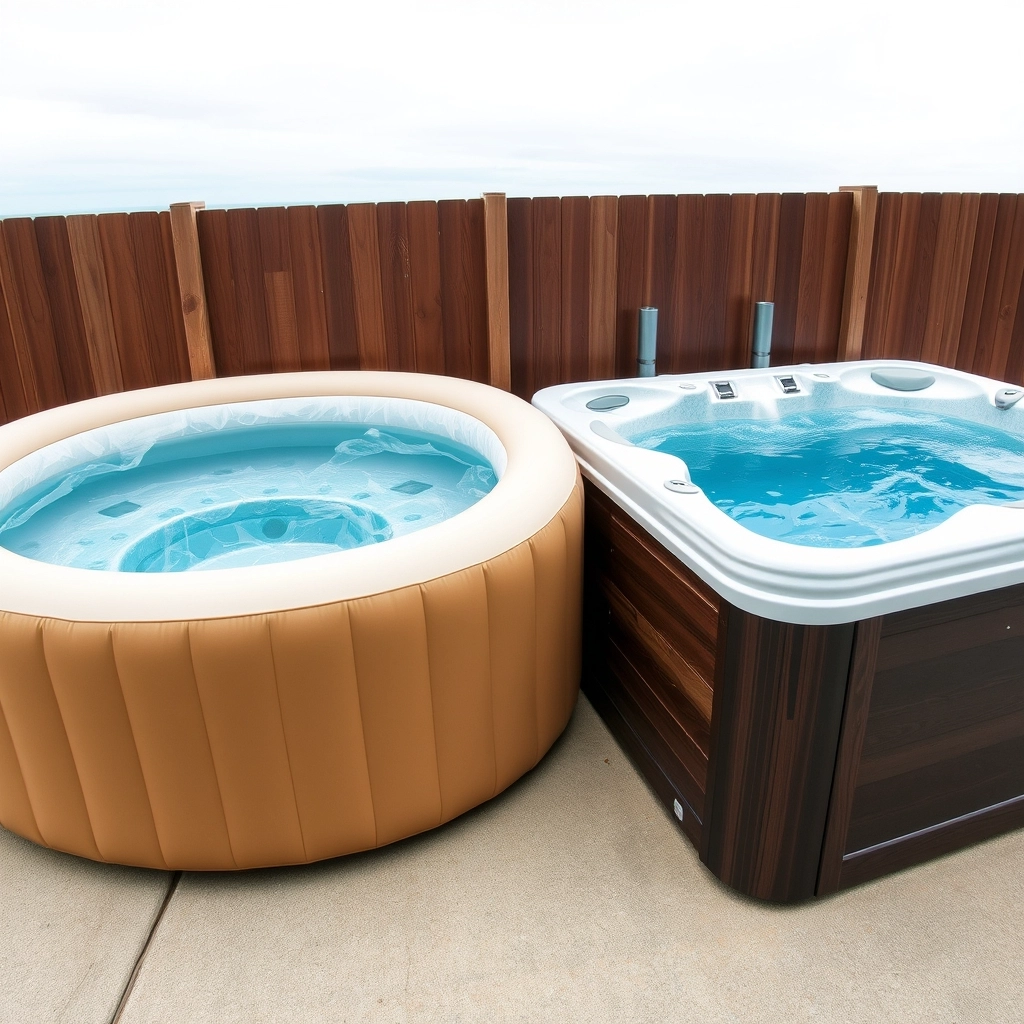 An inflatable round hot tub next to a square mid-range acrylic hot tub to show the difference in build quality.