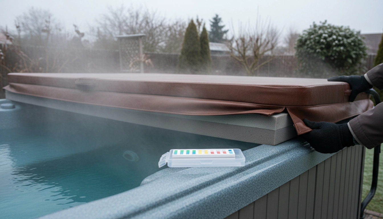 A thick, tapered hot tub cover being closed, with a water chemistry testing kit sitting on the edge.