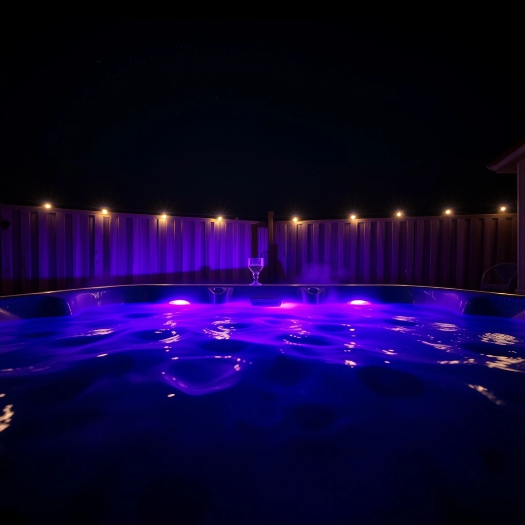 A person's perspective from inside a lit hot tub looking out at a backyard at twilight.