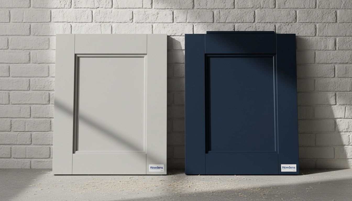 Comparison of a Burford shaker style door and a Greenwich slab door for howdens bathrooms.