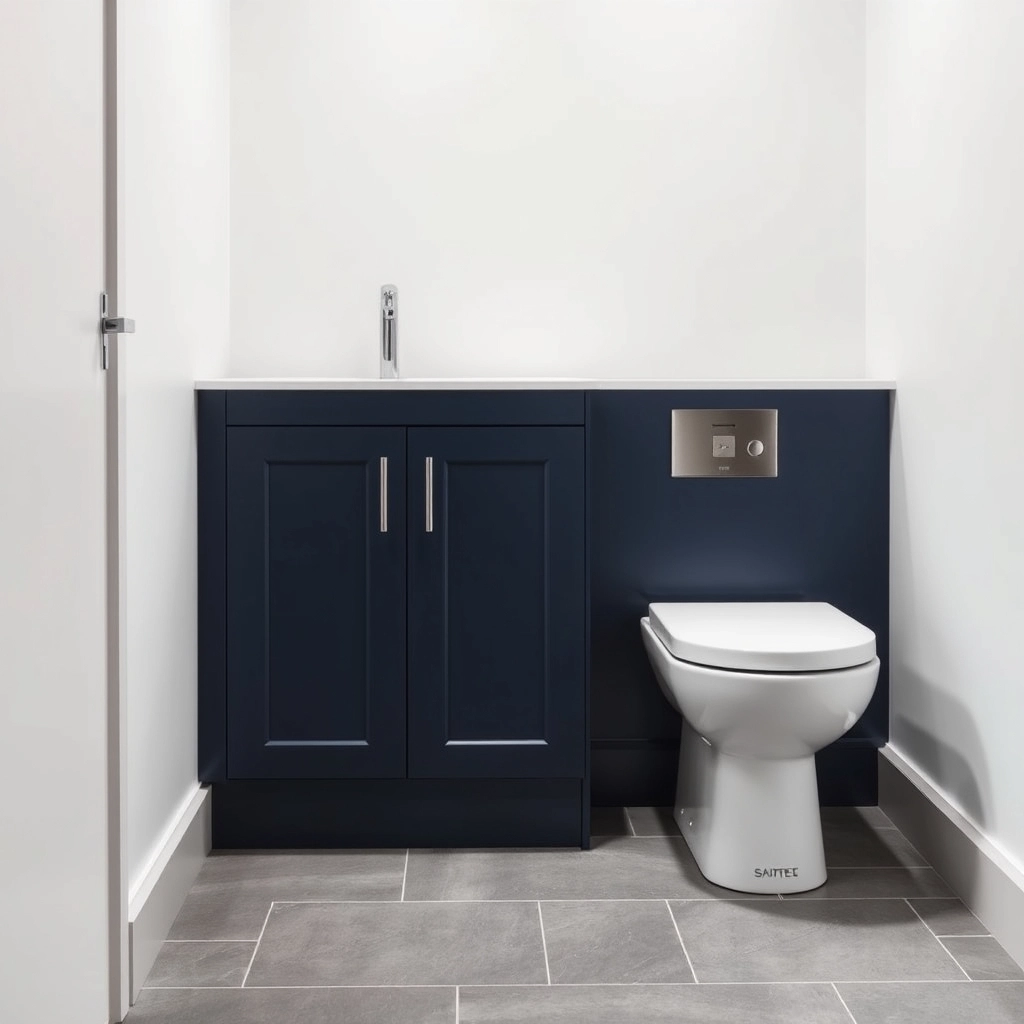 A modern navy blue fitted vanity unit from Howdens installed against a wall, hiding the pipework.