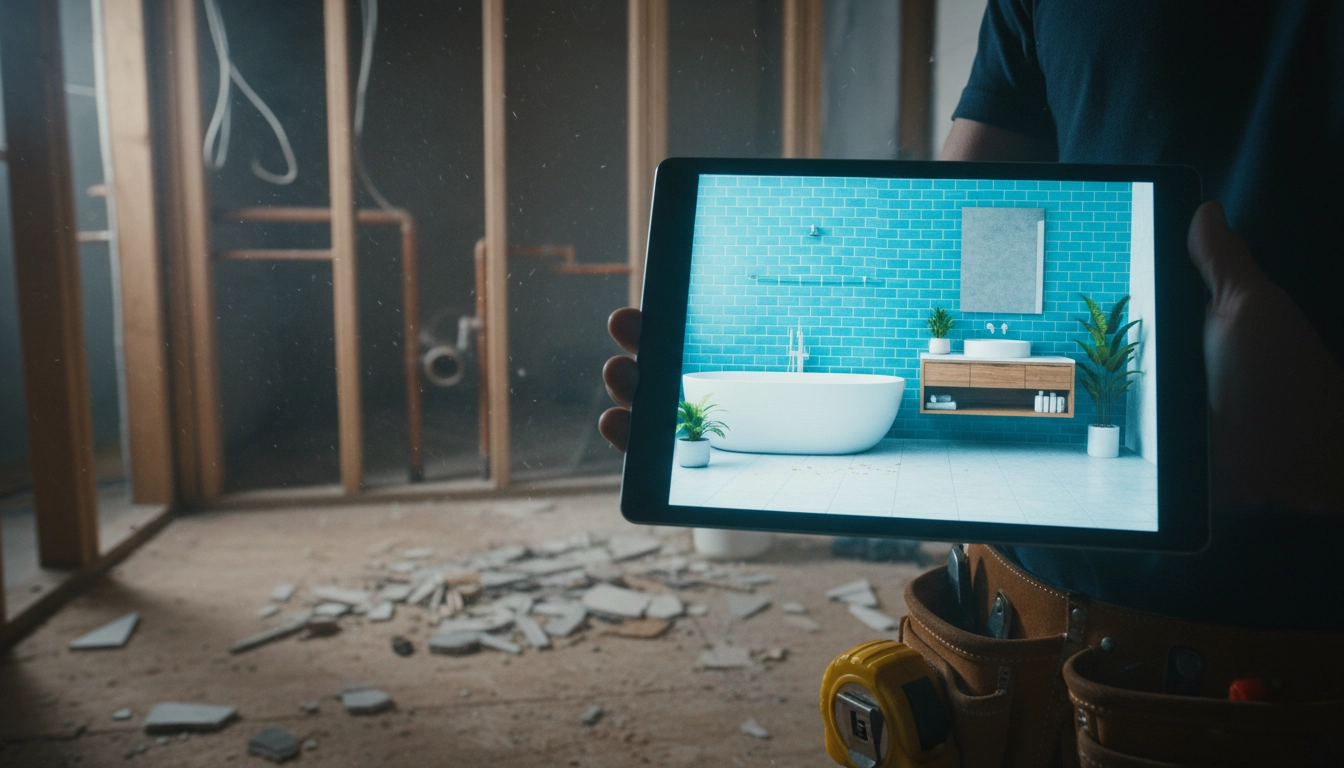 A tablet showing a 3D bathroom design plan held up against a bare bathroom wall with exposed pipes.