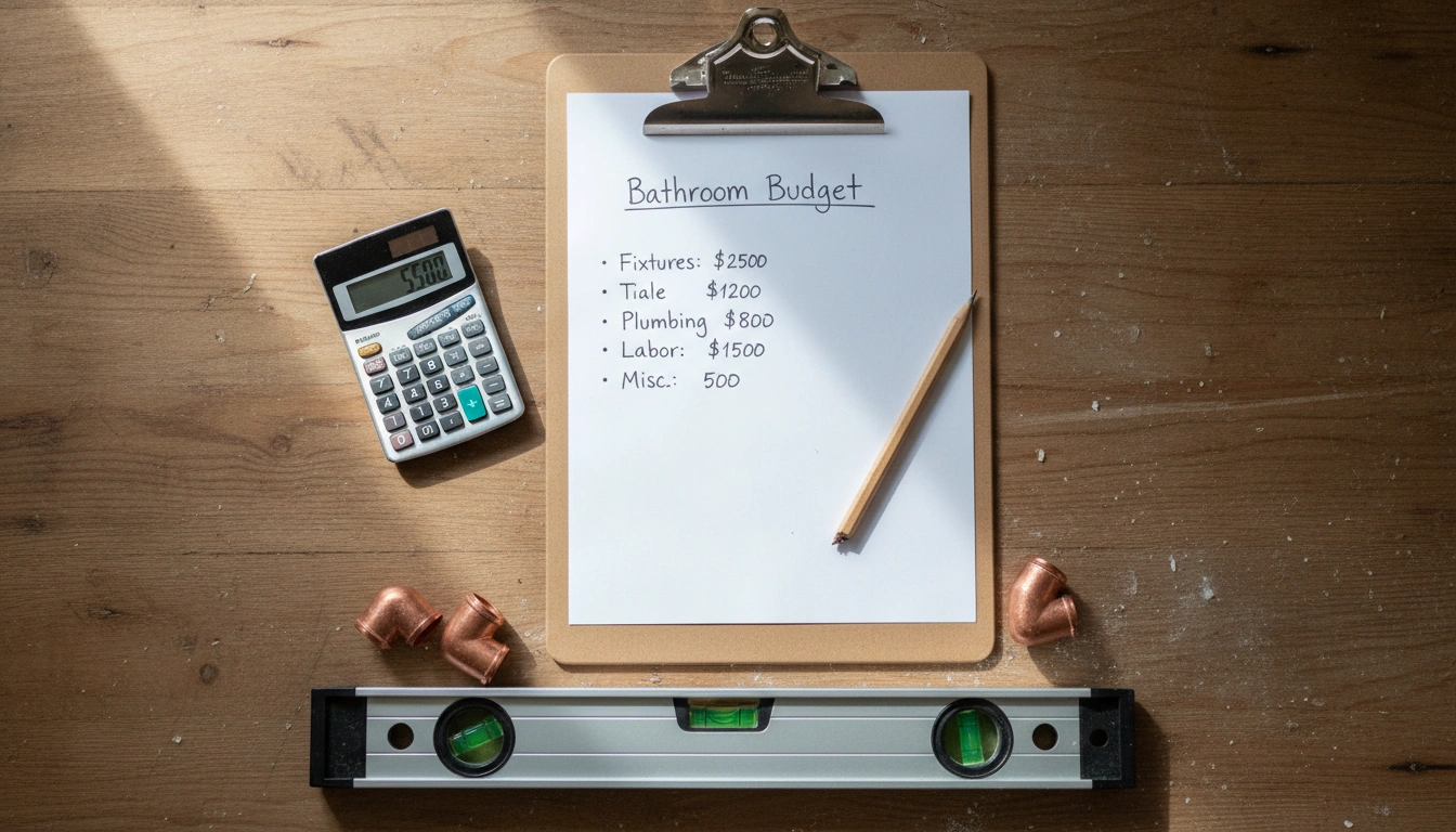 A clipboard with a handwritten budget list next to a spirit level and plumbing tools on a tiled floor.