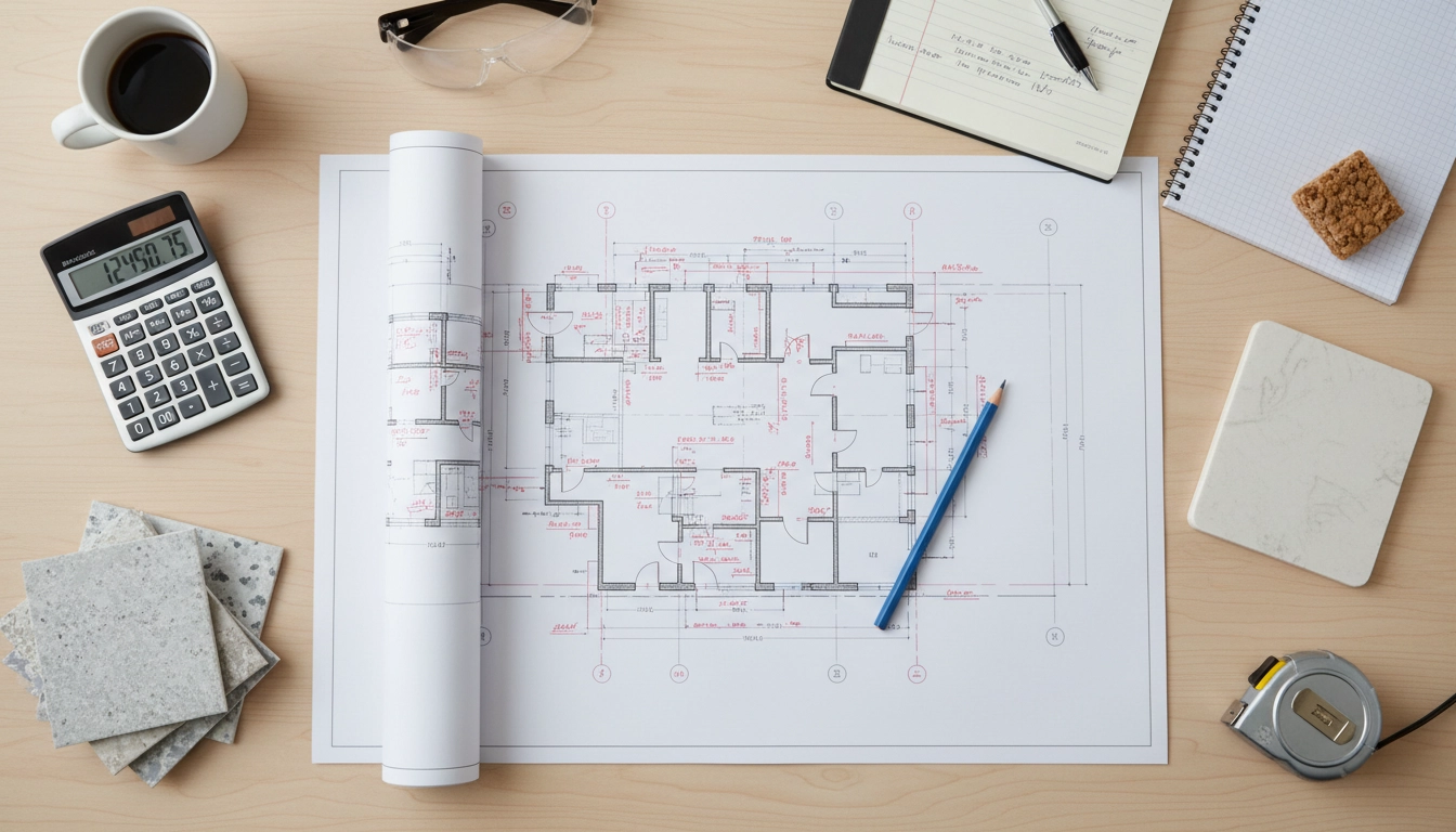 A contractor's clipboard with a calculator and tile samples for a master bathroom remodel.