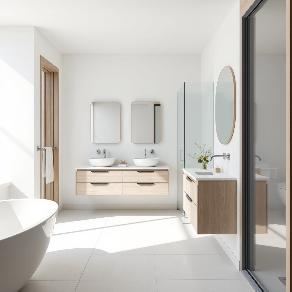 A floating vanity and large tiles used to maximize space in a small master bathroom remodel.