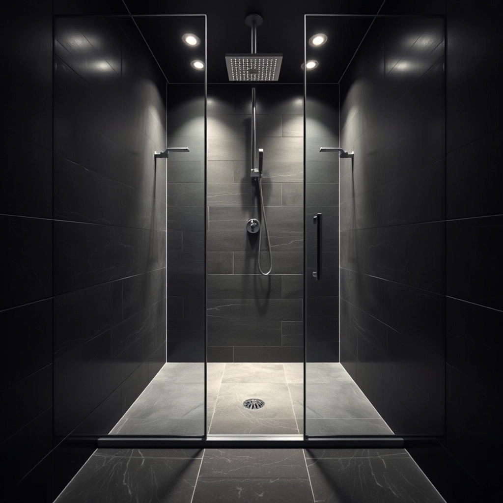 A luxury curbless glass shower enclosure as part of a high-end master bathroom remodel.