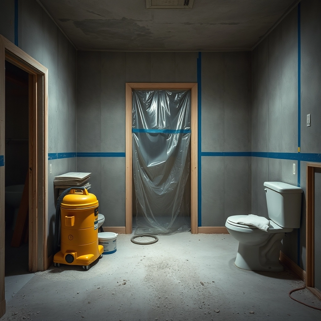 A messy construction site with plastic sheeting and tools during a master bathroom remodel.