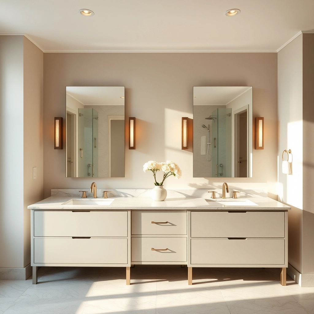 A symmetrical double vanity with neutral stone finishes in a master bathroom remodel.