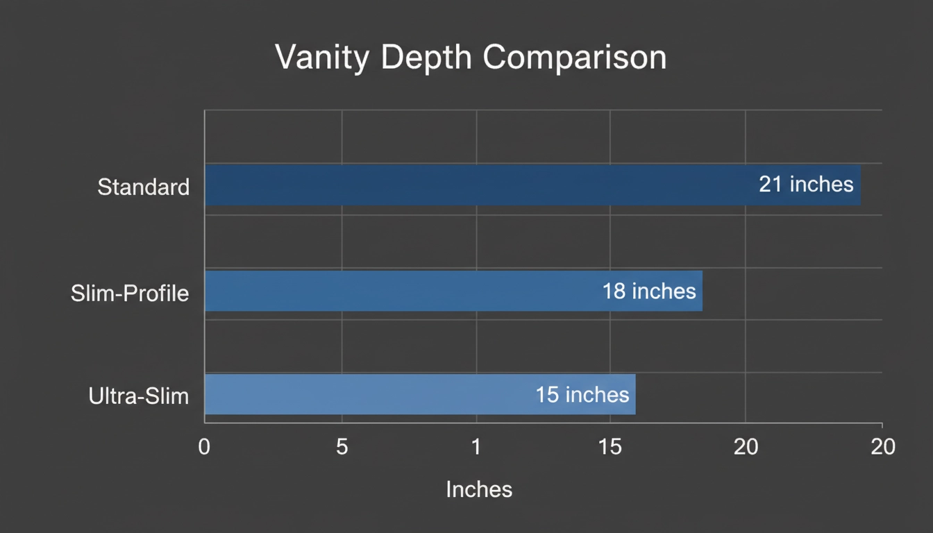 A bar chart titled "Vanity Depth Comparison" showing data for Standard: 21 inches.
