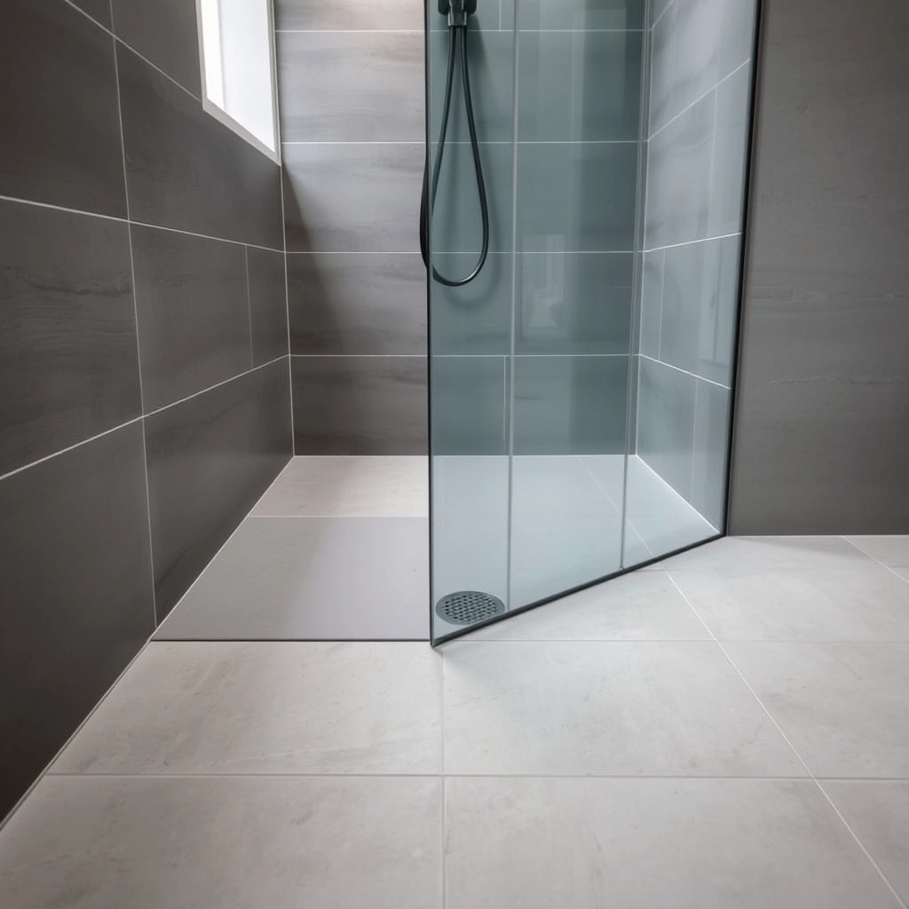 A seamless wet room floor with large tiles and a linear drain, showcasing Miniature Bathroom Ideas for space-saving.