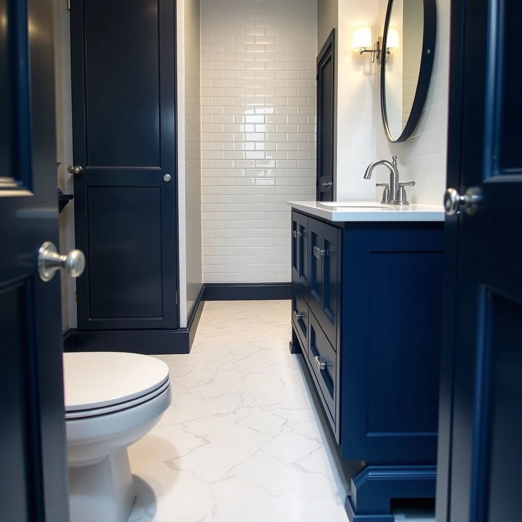 A narrow bathroom featuring a slim-profile vanity to maintain walking space.