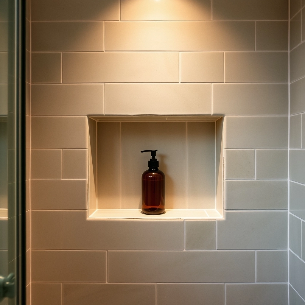 A tiled recessed wall niche providing storage without taking up floor space.