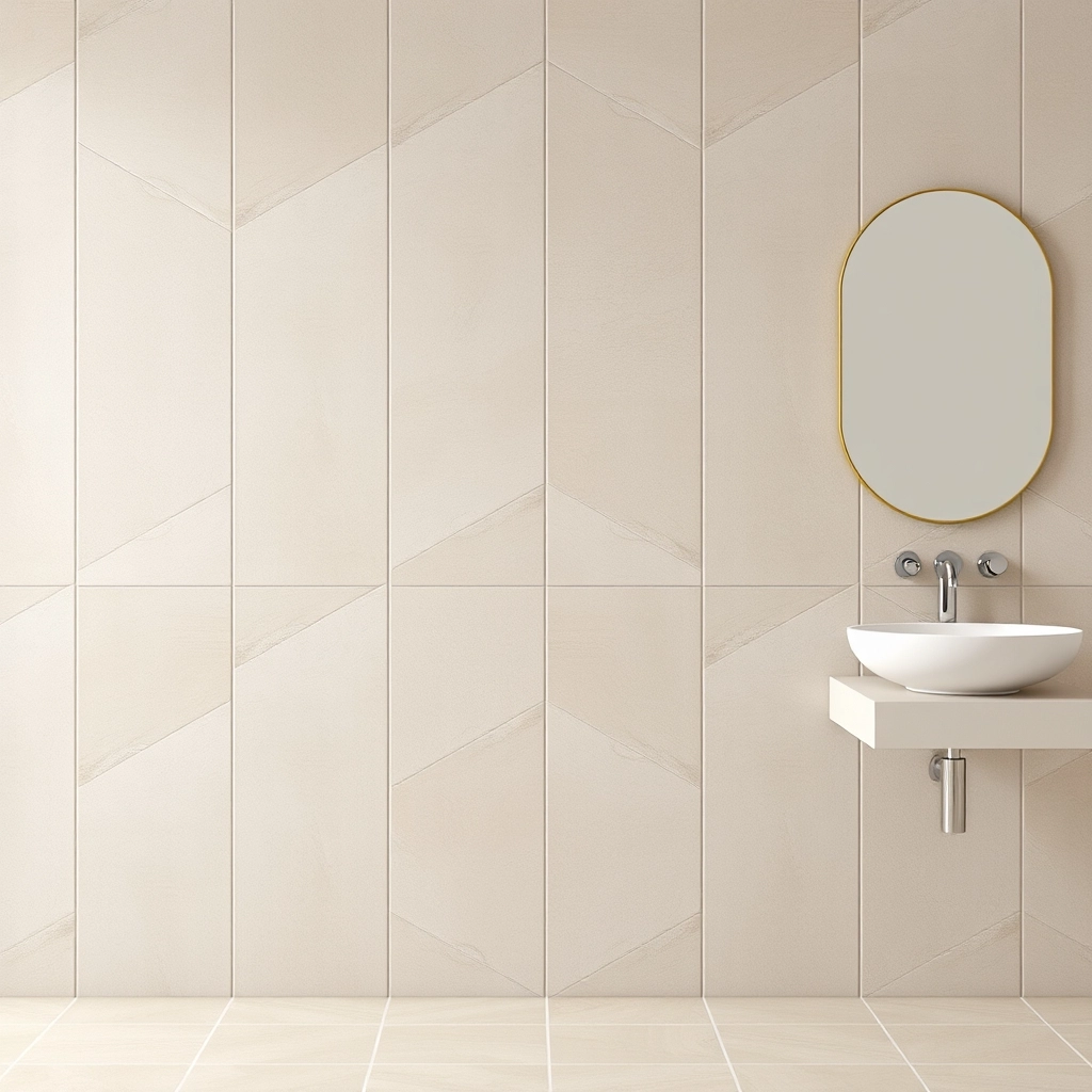 Large format tiles in a vertical stacked-bond pattern to make ceilings look higher.