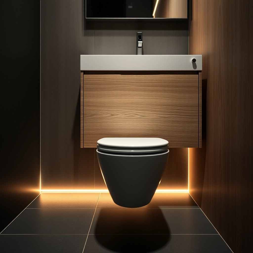 A modern floating vanity and wall-hung toilet in a small bathroom.