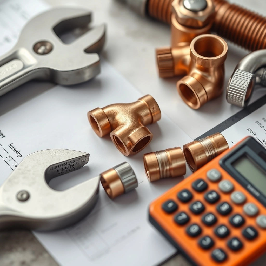 A collection of new copper pipe fittings, a wrench, and a stack of invoices on a dusty workbench.