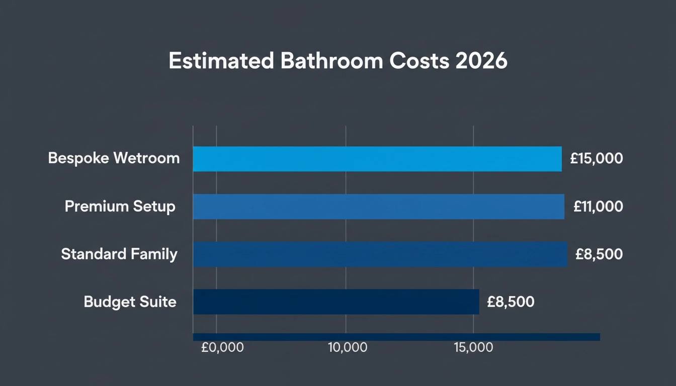 A bar chart titled "Estimated Bathroom Costs 2026" showing data for Budget Suite: 5000.