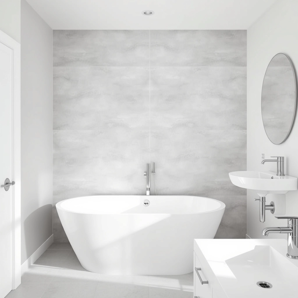 A clean, modern family bathroom featuring a white bathtub, grey porcelain tiles, and chrome fixtures.