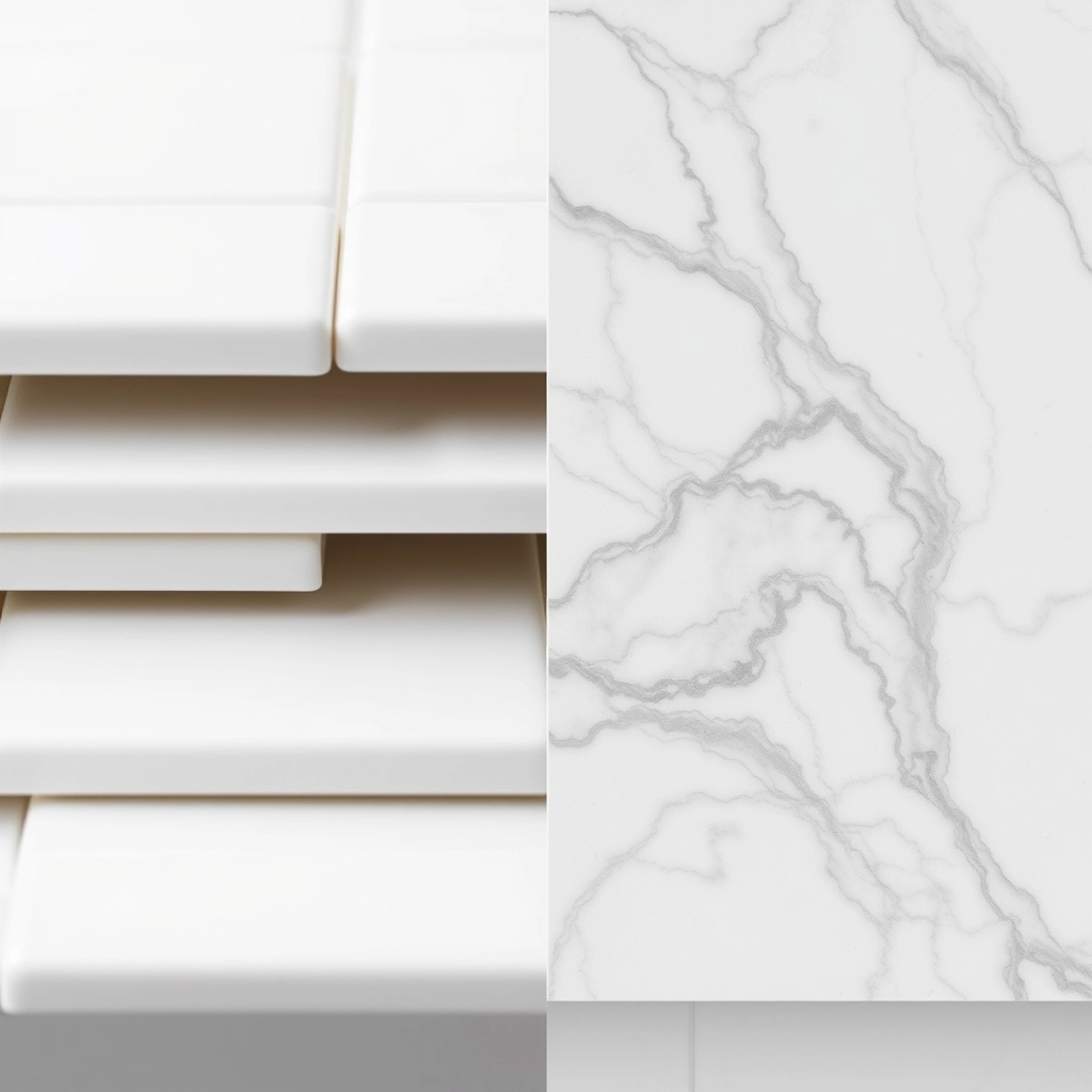 A side-by-side comparison of a basic white ceramic tile and a high-end textured marble slab.