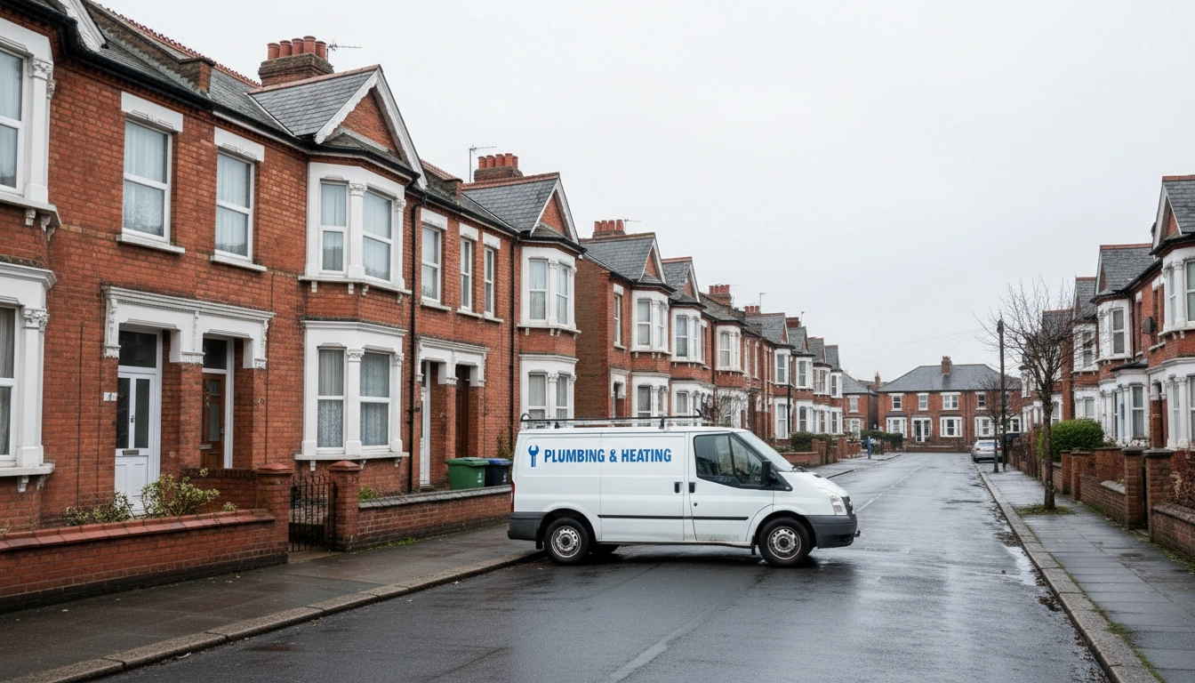 A white plumbing and heating service van parked on a typical UK residential street with red brick houses.