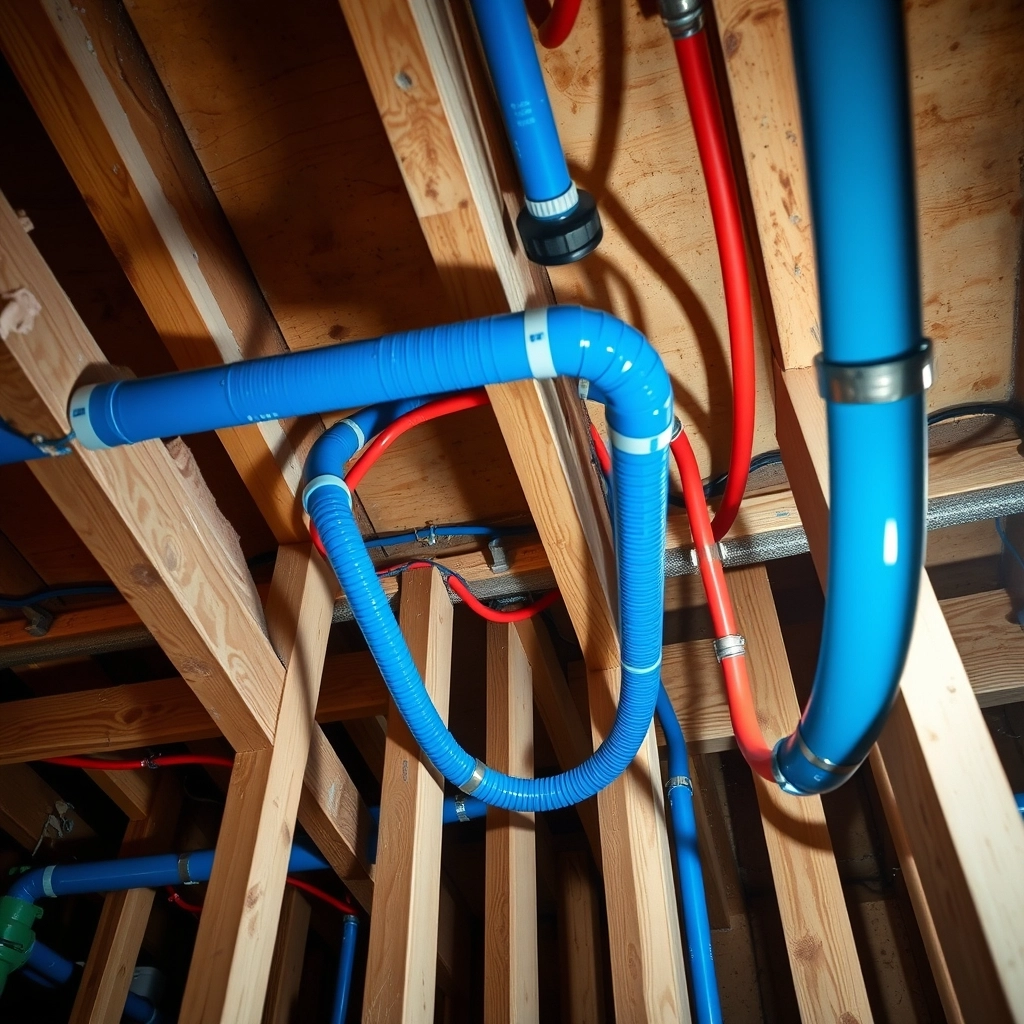 Exposed wooden floor joists with new plastic and copper water pipes being installed for a new bathroom.