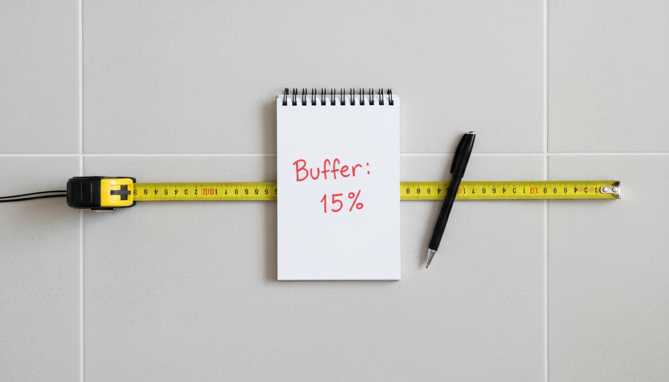 A yellow measuring tape extended across a bathroom floor next to a notepad labeled "15 Percent Buffer.