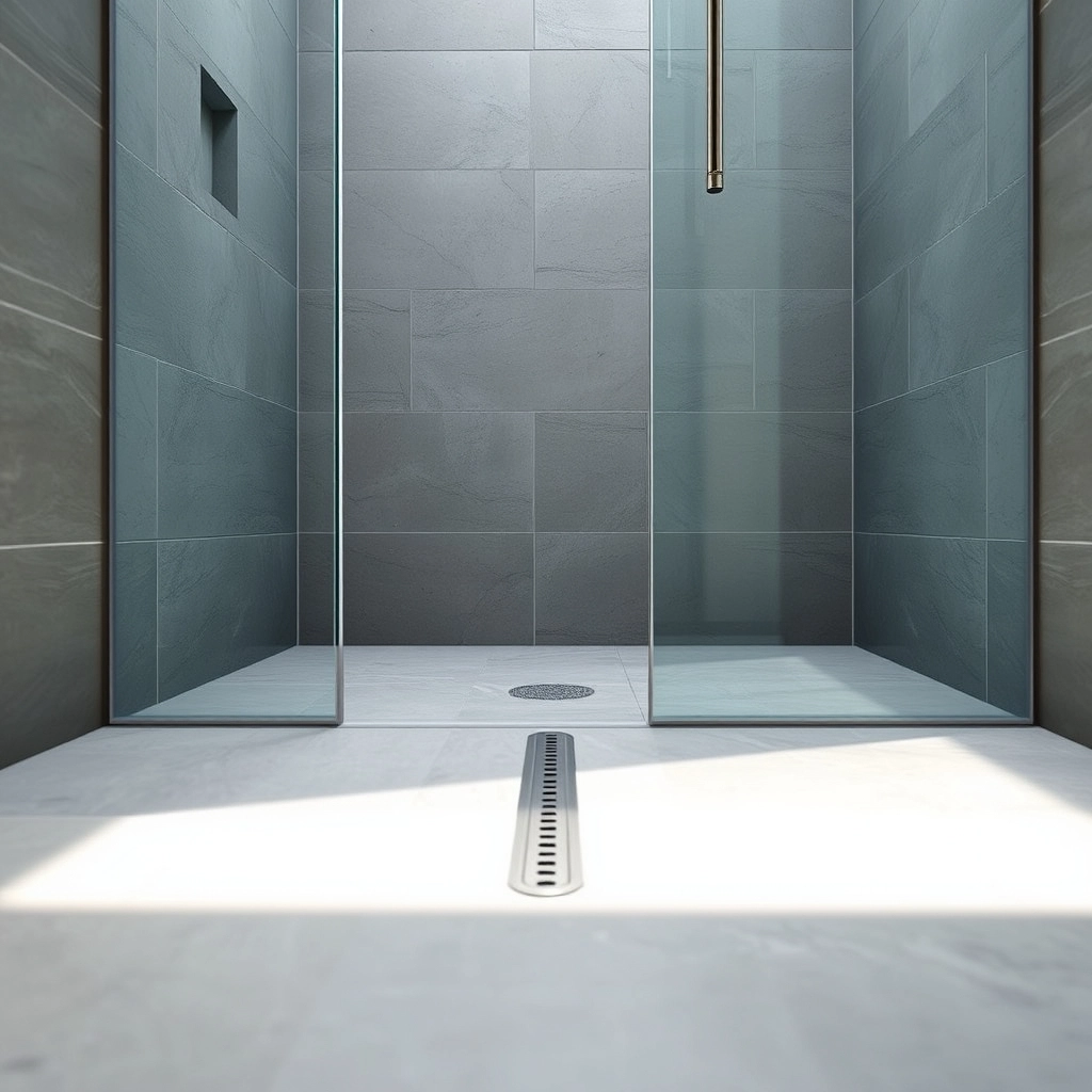 A close-up of a zero-threshold shower entry showing continuous floor tiling in a small bathroom.