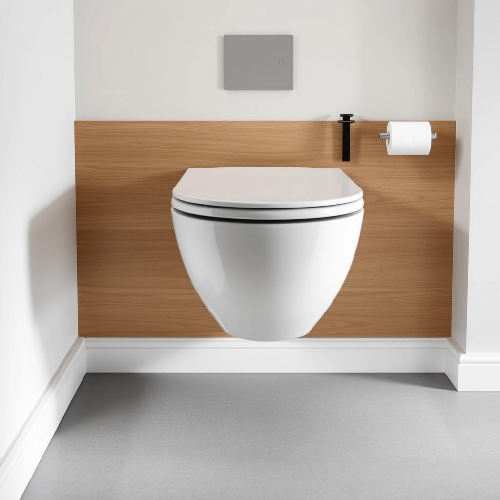 A wall-mounted toilet with a concealed tank in a modern wet room layout.