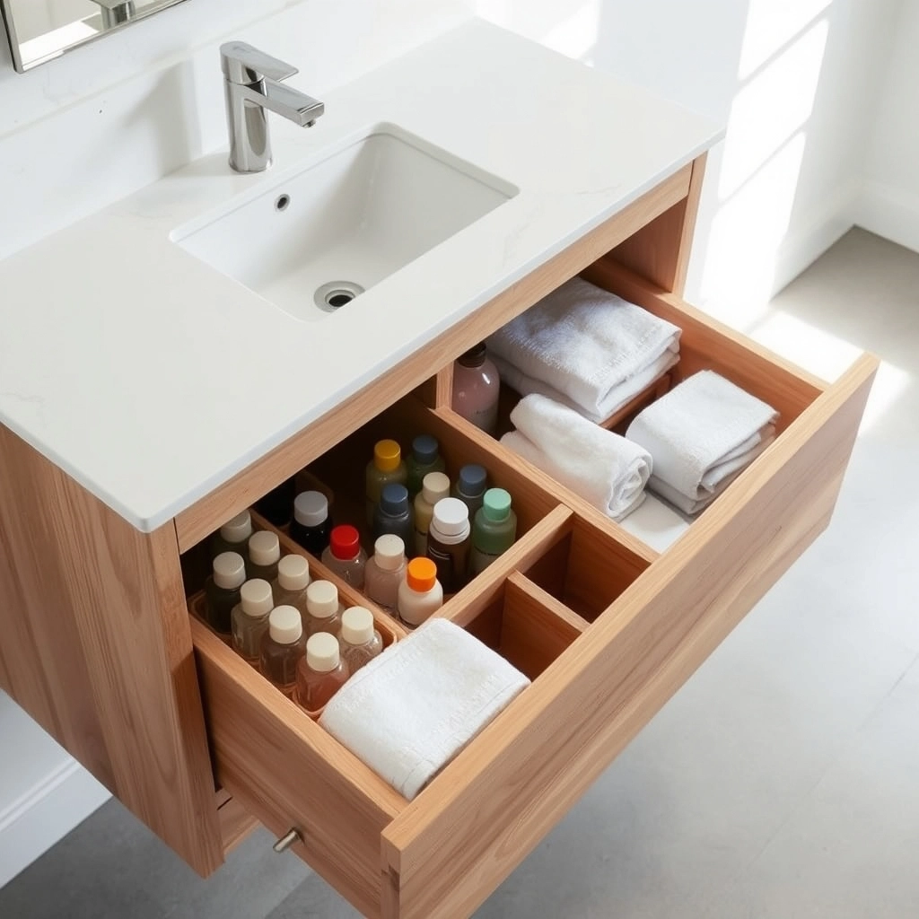 A floating wooden vanity with deep drawers pulled out to show organized storage in a small bathroom.
