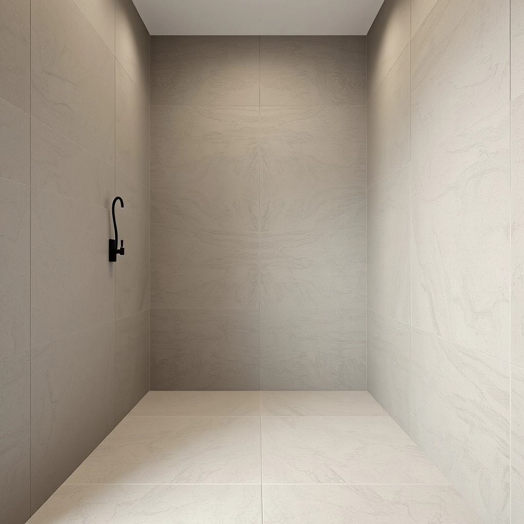 A small bathroom featuring large 24x48 porcelain tiles in a soft sand color with matching walls.