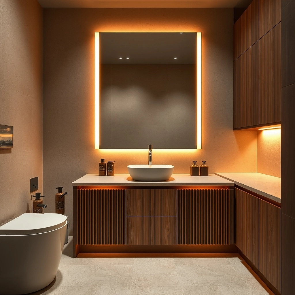 A modern bathroom design featuring a fluted wood vanity and natural travertine stone textures.