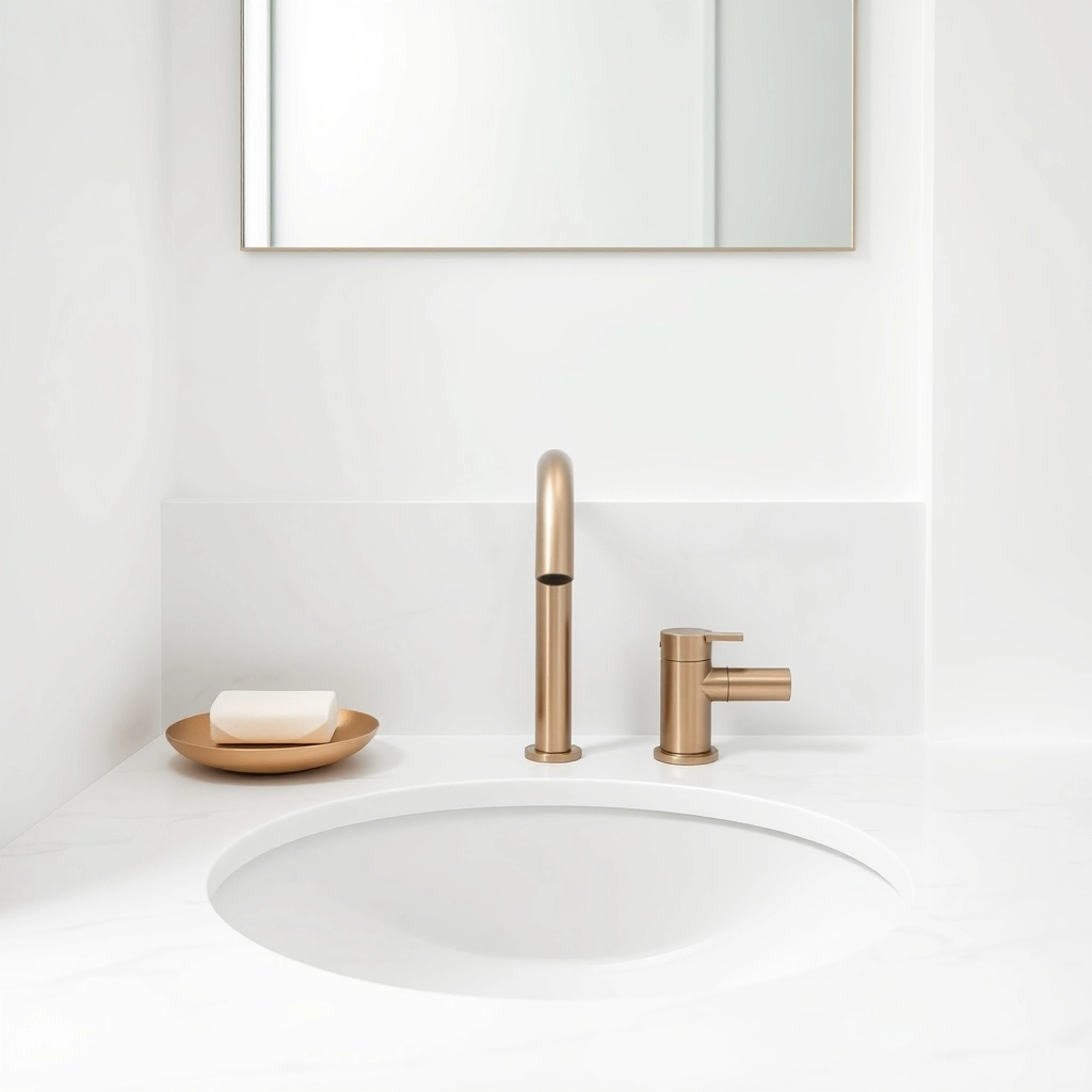 A clean, minimalist small bathroom design highlighting a high-end brushed nickel faucet.