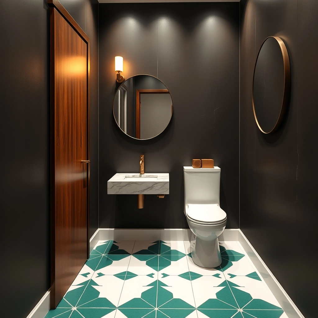 A small powder room featuring a corner-mounted sink and a sliding pocket door to maximize floor space.