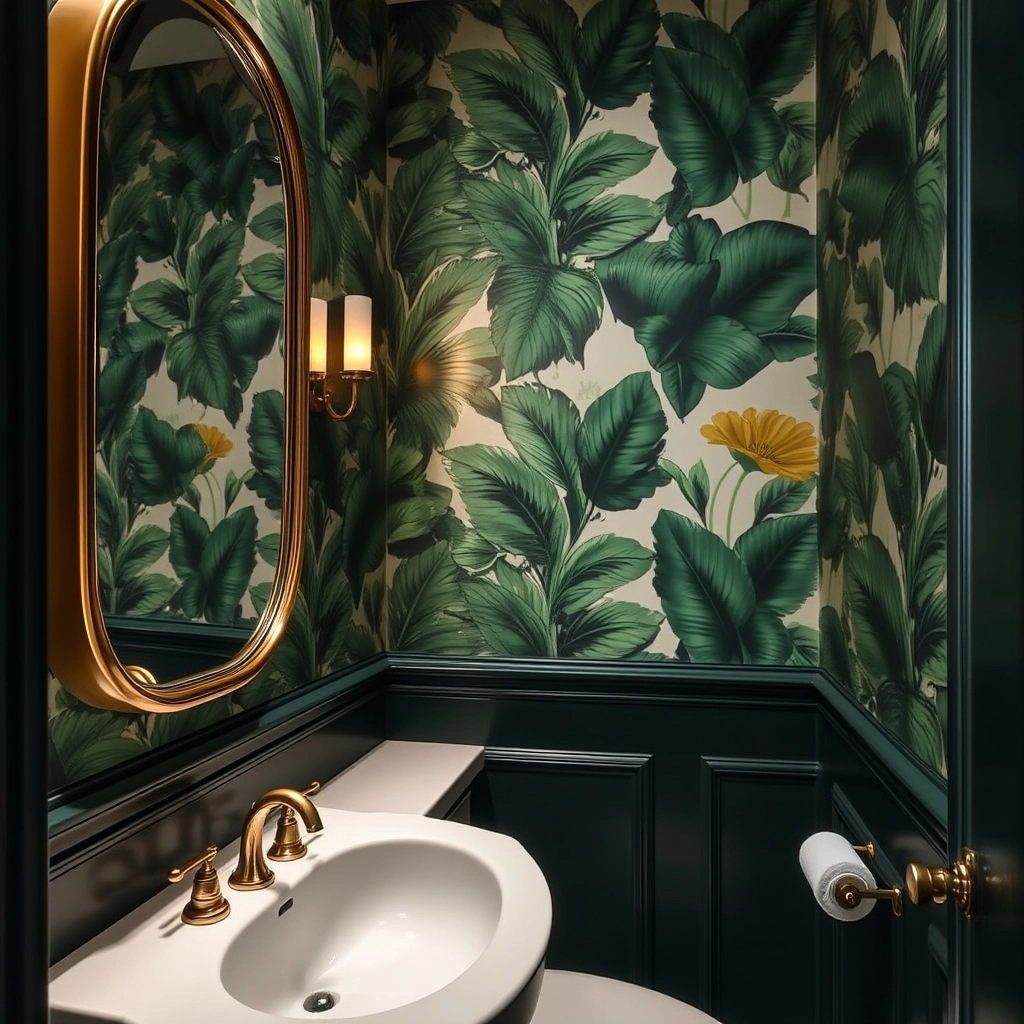 A tiny bathroom with deep charcoal walls and large-scale botanical wallpaper on the upper half of the wall.