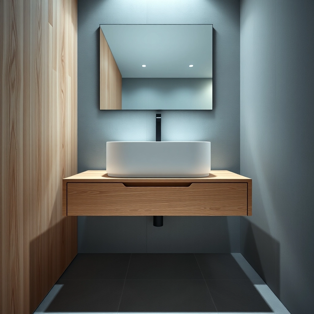 A modern Small Powder Room Design Ideas example featuring a floating wooden vanity and a sleek wall-mounted gold faucet.