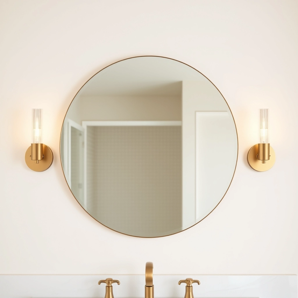 Two elegant brass sconces mounted at eye level flanking a large round mirror in a small bathroom.
