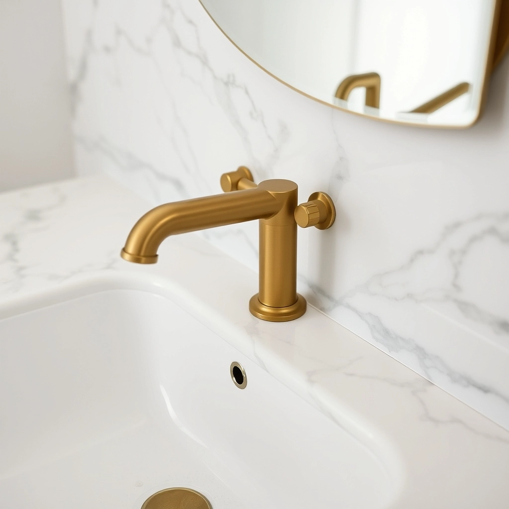 A close-up of a small sink area featuring a high-end Calacatta marble backsplash and matte black hardware.