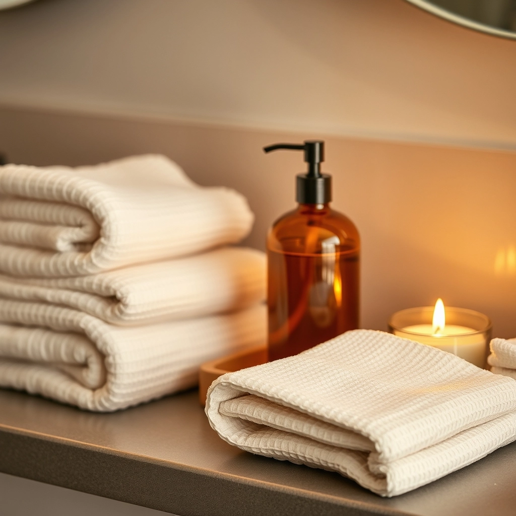 A styled powder room countertop with a glass bottle of luxury hand soap, a small candle, and a folded plush towel.