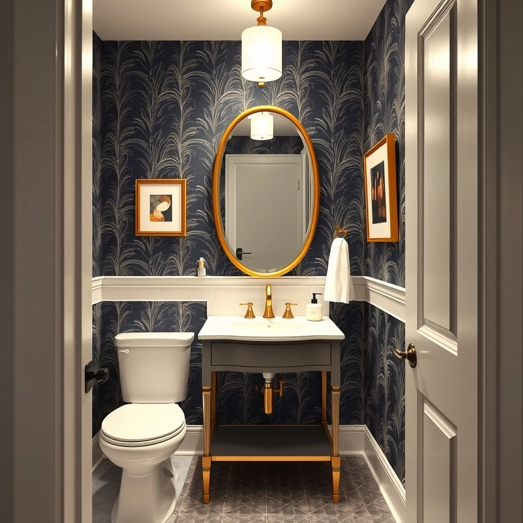 A fully renovated and stylishly decorated small powder room showcasing a cohesive design with bold colors and smart fixtures.