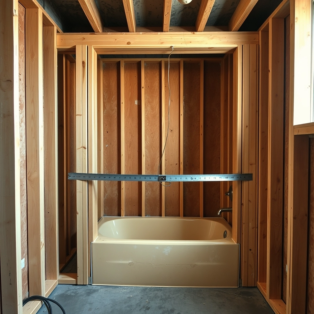 A close-up of wooden wall studs in a bathroom alcove, showing the raw space where a Standard Bathtub Size must be measured.