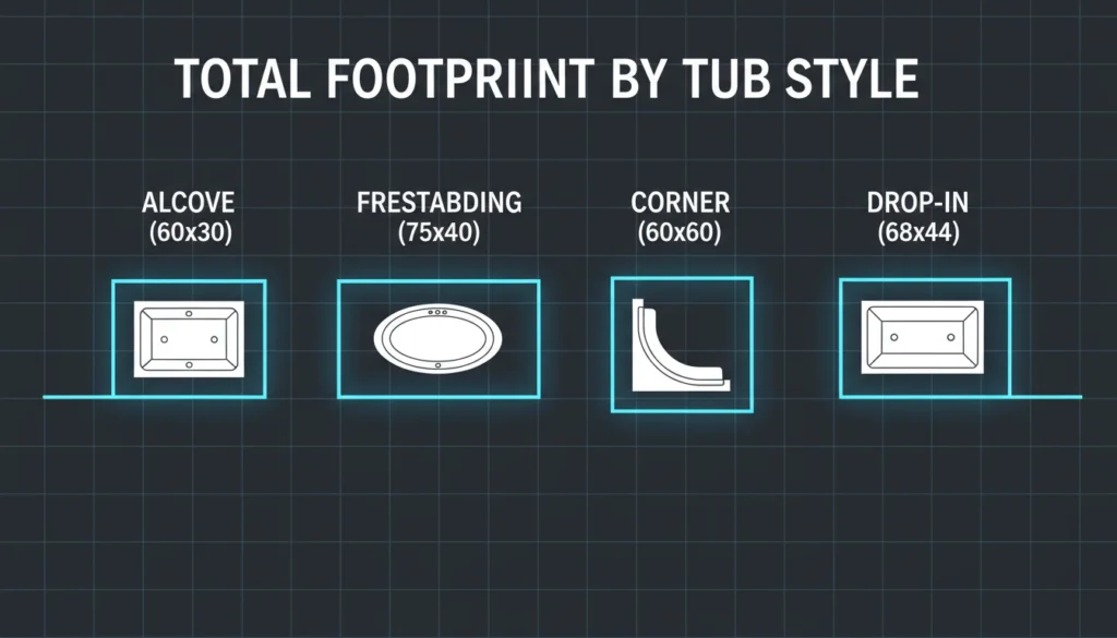 A bar chart titled "Total Footprint by Tub Style" showing data for Alcove: 60x30.